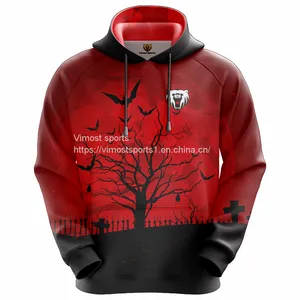 Red and Black Custom Sublimation Hoodie of Tree and Crow Pattern thumbnail-1
