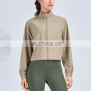 Custom Autumn&Winter Loose Gym Wear Crop Top Jacket Stand Collar Sports Full Zip Long Sleeve Workout Active Fitness Women Coat thumbnail-4