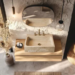 Travertine Marble Easy Clean Rectangular Countertop Vessel Sink Factory Direct Wholesale Hand Wash Basin OEM ODM for Hotel thumbnail-2