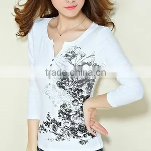 Long-sleeved Show Thin Funnel Collar T-shirt of Women v Neck t Shirt thumbnail-1