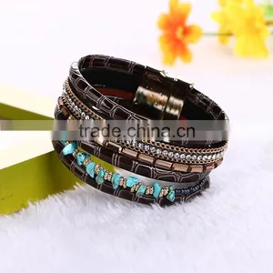 New Fashion Jewelry Woman Magnetic Clasp Leather Crystal Stones Bracelet thumbnail-5