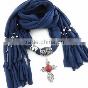 Red Turquoise Hollow Cross Pendant Jewelry Necklaces Diy Handmade Polyester Scarves 2016 New Design Women Scarves thumbnail-2