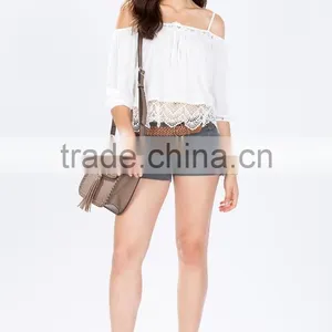 Fashion Cold Shoulder Self Tie Crochet Blouse Top Selling Blouse Products 2015 thumbnail-5