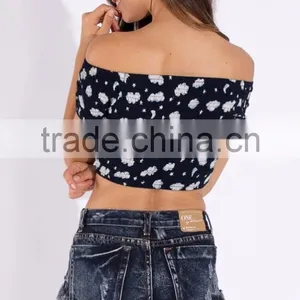 Fashion Off-shoulder Design Short Sleeve Crop Top for Women, Floarl Print Women Tank Top thumbnail-4