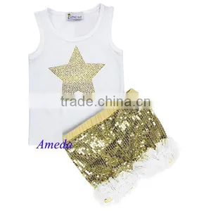 Bling Rhinestone Gold Star White Tank Top With Gold White Ruffles Petti Shorts 1-7Y thumbnail-1