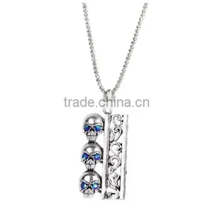 Jewelry Chain Necklace Three Skulls Halloween Pendant Antique Silver Blue AB Color Cubic Zirconia 70cm thumbnail-1