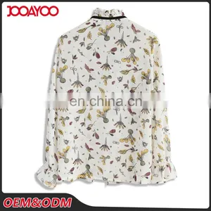 Women Latest Fashion Blouse Designs Flora Printed Long Sleeves Sheer Chiffon Blouse thumbnail-2