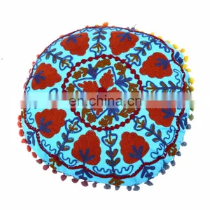 Embroidered Suzani Round Pillows Indian Floor Pom Pom Lace Cushion Cover Throw thumbnail-2