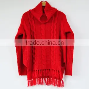 Winter Turtleneck Cashmere Blended Sweater Tassel Red Sweater Hot Selling thumbnail-1