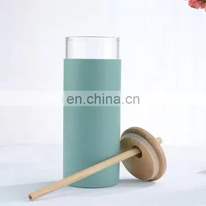 Unbreakable Custom Made Logo Borosilicate Glass Water Bottle Eco Friendly Straight Tumblers Cup Mug With Silicone Sleeve thumbnail-3