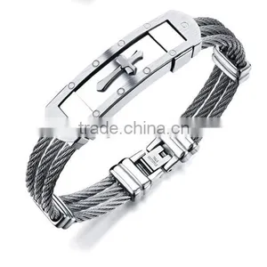Wholesale Titanium Steel Man Bangles Three Rows Between Steel Wire Armoured Gold Bracelet With Cross thumbnail-1