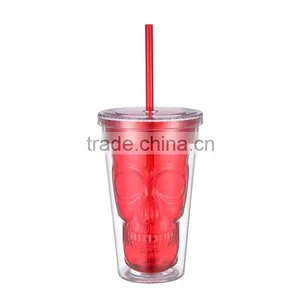 16oz Purple and Red Color Skull Plastic Double Wall Tumbler With Lid and Straw thumbnail-2
