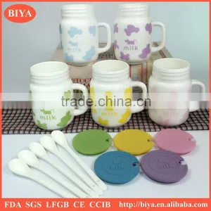Milk Mug for Kid Breakfast Mug With Silicone Lid and Ceramic Spoon for Wholesale With Logo Decal Print and Handle thumbnail-4
