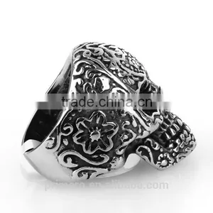 Fashion Flower Skull Gothic Black Poker Party Rock Biker Stainless Steel Terminator Ring thumbnail-2