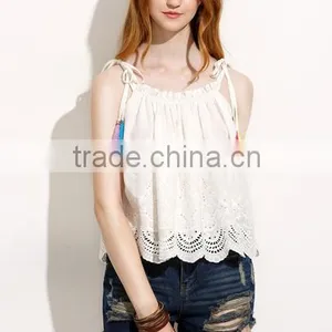 Tank-Tops&Camis Latest Fashion Design Women Clothing Beige Tassel Tie Shoulder Scallop Hem Cami Top thumbnail-4