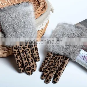 Cool Leopard Design Suede Leather Mittens Rabbit Fur Coverd Wrist Ladies Fashion thumbnail-1