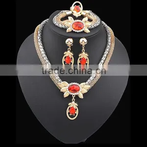 Gold Plated Pendant Statement Crystal Necklace Earrings Bracelet Rings Set for Wedding Jewelry thumbnail-1