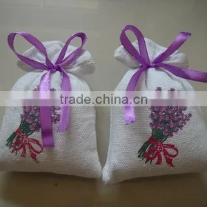Cotton Linen Embroidery Lavender Drawstring Bags With Silk Ribbon thumbnail-1