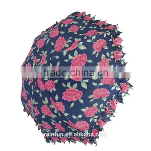 Flower Printing Beautiful Girl Long Umbrella With Lace Parasol thumbnail-1
