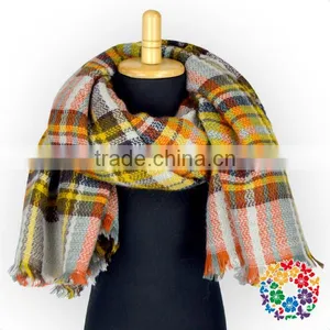 Yellow Blue White Checks Designs Scarf and Shawls Wholesale Women Scarf Pashmina thumbnail-2