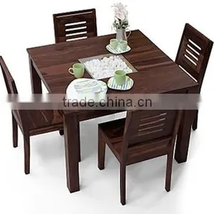 Modern Design Mahogany Color Finish Square Four Sitter Wooden Dining Table Set thumbnail-1