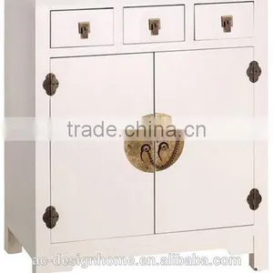 CREAM ORIENTAL WOODEN CABINET W/2 DOORS & 3 DRAWERS thumbnail-1