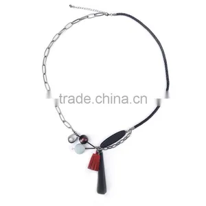 Geometric Wood Bead Rubber Strip Pendant Necklace Velvet Leather Tassel Necklace Chain Linked Suede Leather Necklace thumbnail-3