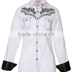 Womens Cotton Poplin White Long Sleeve Shirt With Heavy Emboridery,button up Shirt With Two Chest Pockets,roll up the Sleeves thumbnail-1