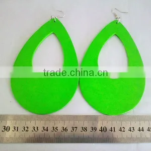 Neon Green Wood Hoop Earrings Large Size Hollowed Out Teardrop Wood Earring thumbnail-1