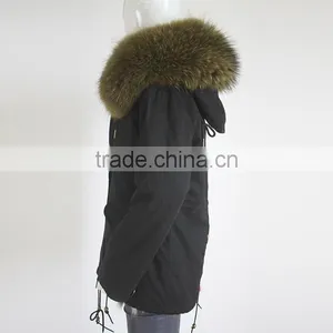 Myfur Customized Khaki Green Raccoon Fur Hood Navy Color Parka Jacket thumbnail-5