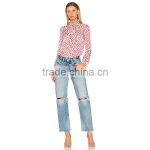 Polka Dot Printed Tie Neck Long Sleeve Women's Viscose Chiffon Shirt thumbnail-5