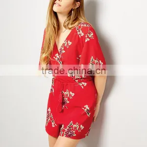 Drawstring Short Sleeve Playsuit for Women Rayon Floral Clothing thumbnail-6