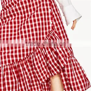2017 NewestFront Button Fastening Red Plaid Skirt With Frill Detail thumbnail-5