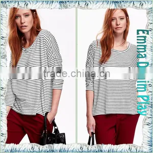 Latest Arrival Ladies Stylish Style 3/4 Sleeve Black White Stripe Knit Cotton O Neck Tee Shirts thumbnail-4