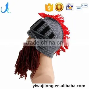 Crochet Roman Knight Helmet Hat Handmade Knitted Warm Hat With Beard Costume Hat thumbnail-1