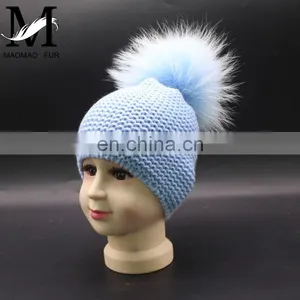 Fashion Kids Winter Knitted Raccoon Fur Pompom 100% Acrylic Knitted Beanie Hat thumbnail-2