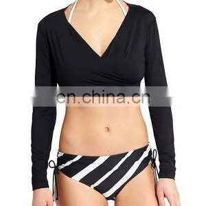 Ladies Solid Black Swimming Wear Long Sleeve Cross Front Crop Rash Guard thumbnail-1