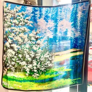 Silk Scarf Square Scaves Flowers Scarf Art of Ancient Paintings High Quality 70*70cm thumbnail-5