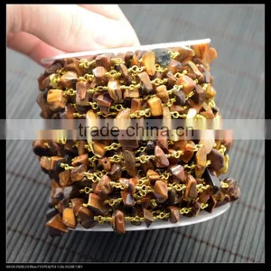 LFD-005C ~ Wholesale Gold Plated Wire Wrapped Freeform Tiger's Eye Chips Chain Gemstone Beaded Jewelry Finding thumbnail-4