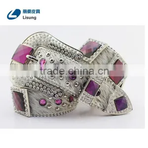 Purple Crystal Full Rhinestone Buckle Horse Hair Hide Western Cowgirl Belt thumbnail-3
