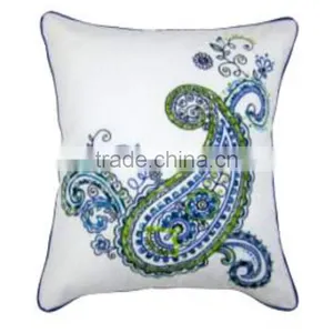Multi Color Embroidered With Navy Blue Piping Cushion Cover thumbnail-1
