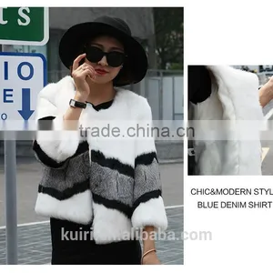Trendy Rabbit Fur Coats For Women Winter Warm Natural Real Fur Coat Short Patchwork Strip Korean Style O-neck Jackets Customized thumbnail-2