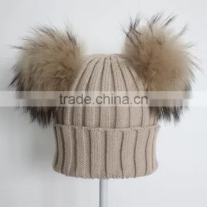 Myfur Cute Double Raccoon Fur Pom Poms Attached Ribbed Knitting Hat Wholesale thumbnail-1