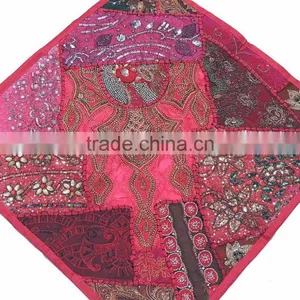 Decorative Floor Pillow - Hot Pink Indian Beaded Large Sari Cushion Cover thumbnail-2