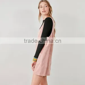 V Neck Pink Dyed Corduroy Front Pockets Sleeveless Vest Dress for Girl thumbnail-3