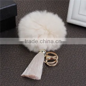 Gold Plated Off-white Angora Pom Pom Ball Rayon Tassel Keychain & Keyring thumbnail-1