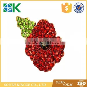 Red Flower Poppies Crystal Poppy Pin Brooch Enamel Badge Costume Jewellery Gift thumbnail-1