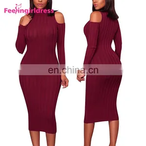 Women Sexy Cold Shoulder Knitting Sweater Long Sleeve Bodycon Party Mini Dress thumbnail-6