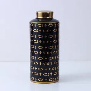 European Simple Style Straight Black Symbol Painting Hexagonal Cylinder Ceramic Vases With Golden Lid For Dining Room thumbnail-2