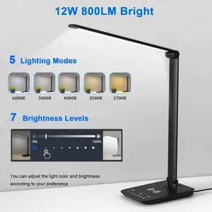 LED Desk Lamp With Wireless Charger, USB Charging Port, 12W Eye-Caring Desk Lamps for Home Office, Desk Light With 5 Lighting Modes & 7 Brightness Levels,Touch Table Lamp With 30/60 Mins Timer(Black) thumbnail-5